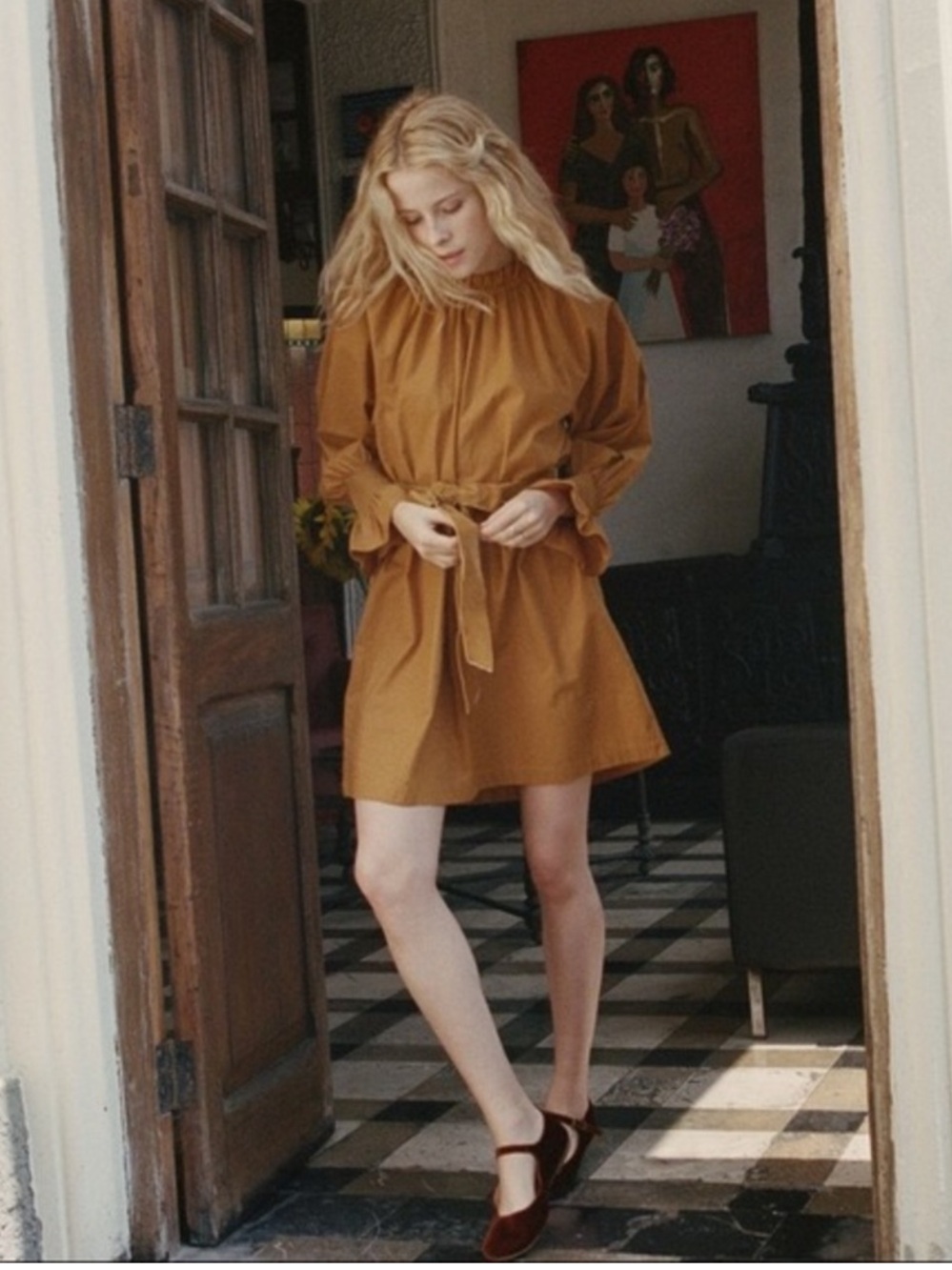 NWT Doen Miro Dress Golden Hour Fall Smocked Belted Tunic Mini Dress XS